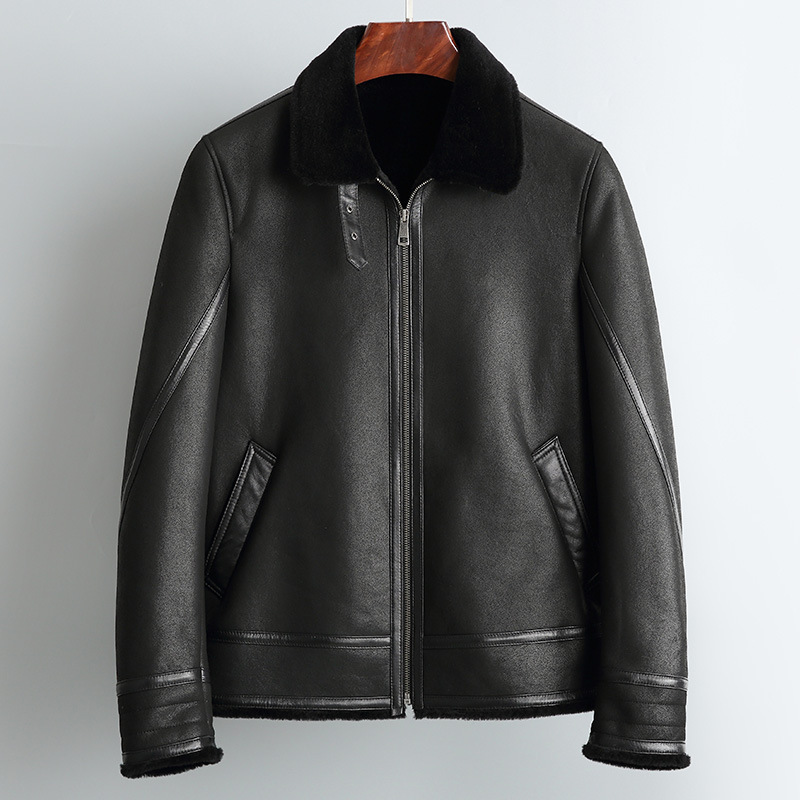 海宁皮毛一体男真皮真毛皮夹克韩版绵羊皮羊剪绒翻领短款皮草外套|ru