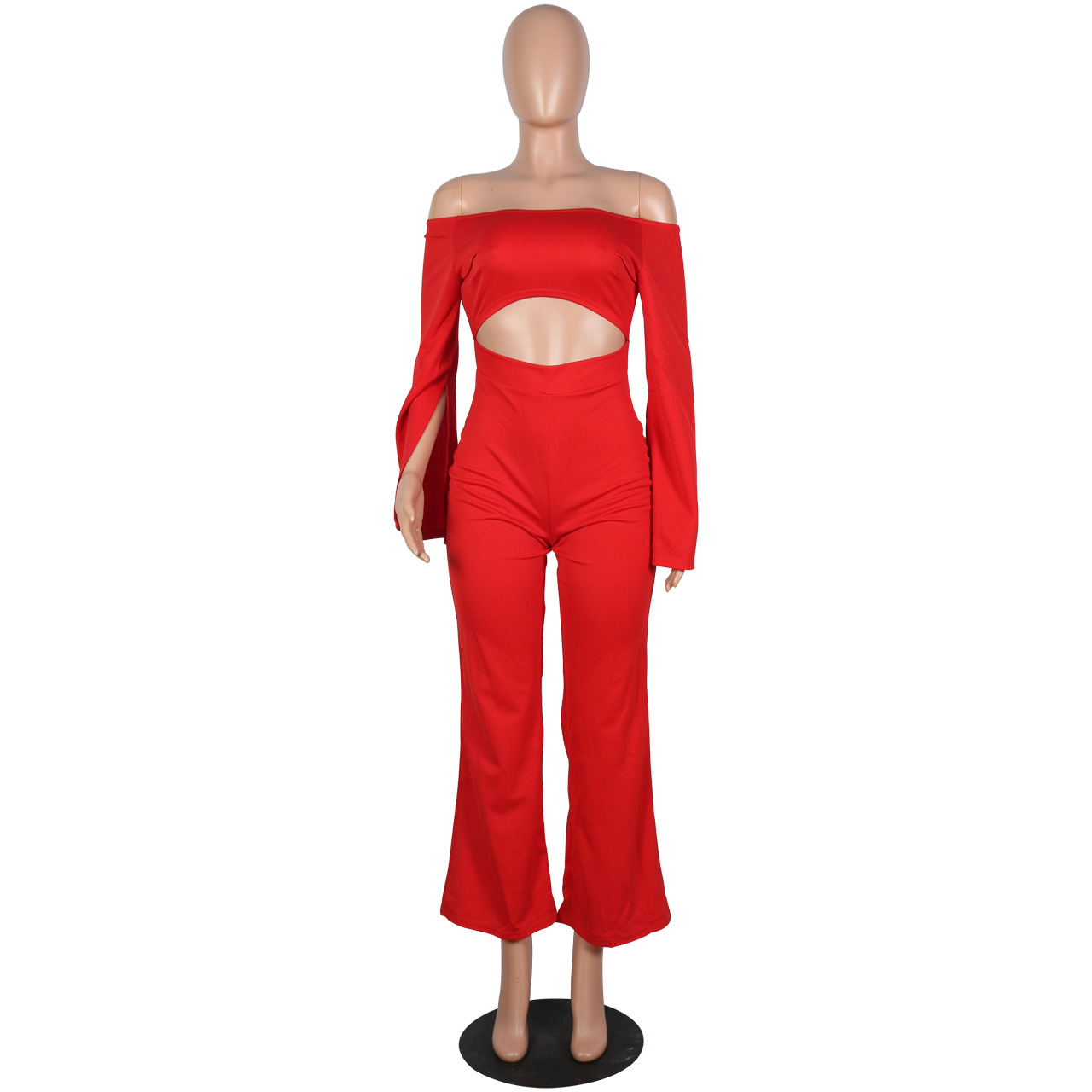 Boutique Casual Solid Color Long Sleeves Cropped off Shoulder Jumpsuit