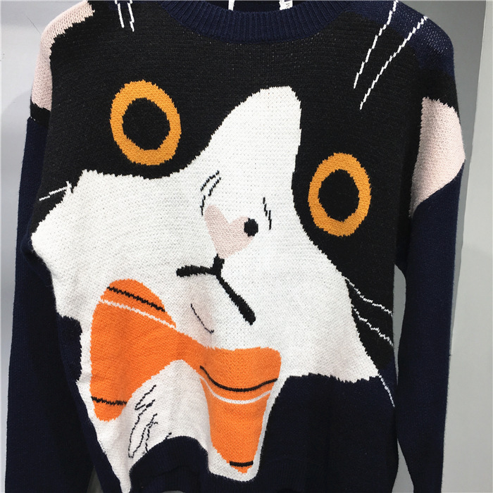 Men's Wool Sweater With Cat Pattern Round Neck Couple Knit Top_voghion.com