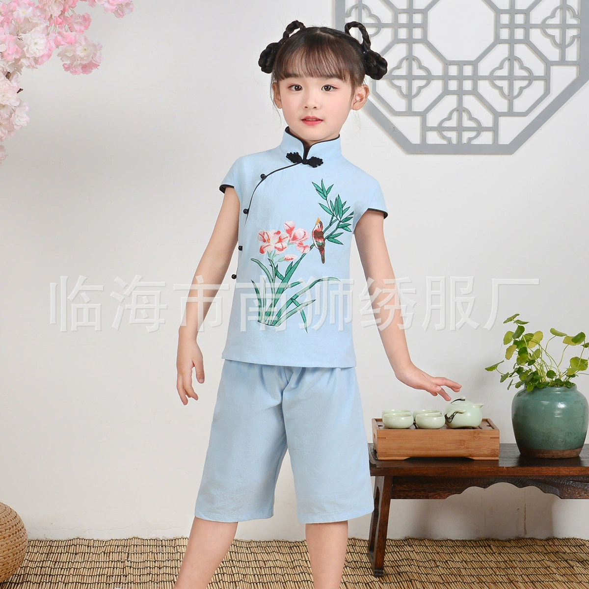 Ethnic Hanfu, set, autumn cheongsam for kindergarten, Chinese style, children's clothing, cotton and linen