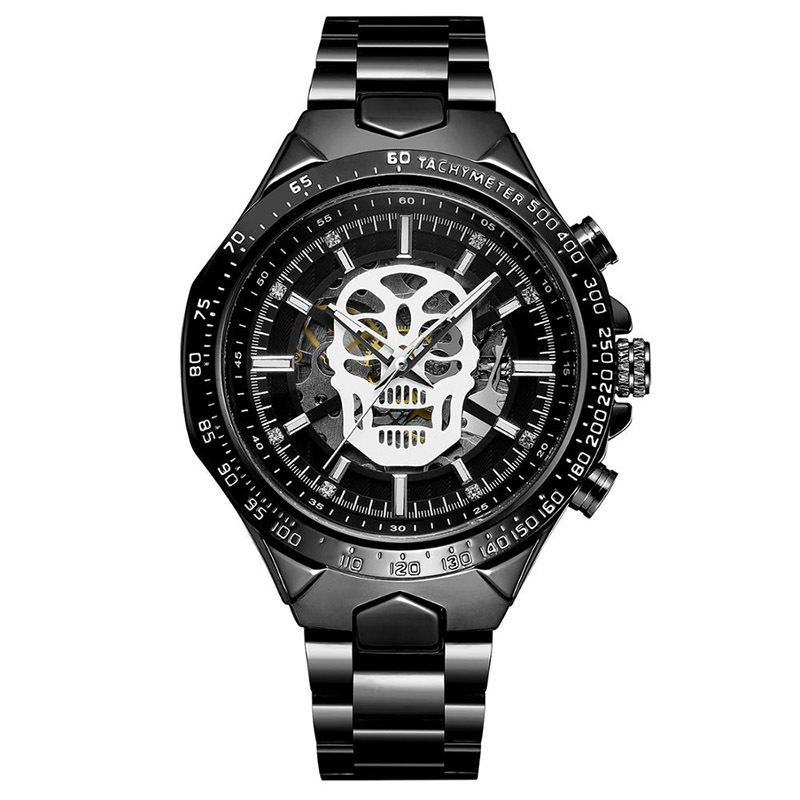 Forsining Fusini hombres de moda correa de acero reloj mecánico automático cráneo luminoso reloj impermeable 432