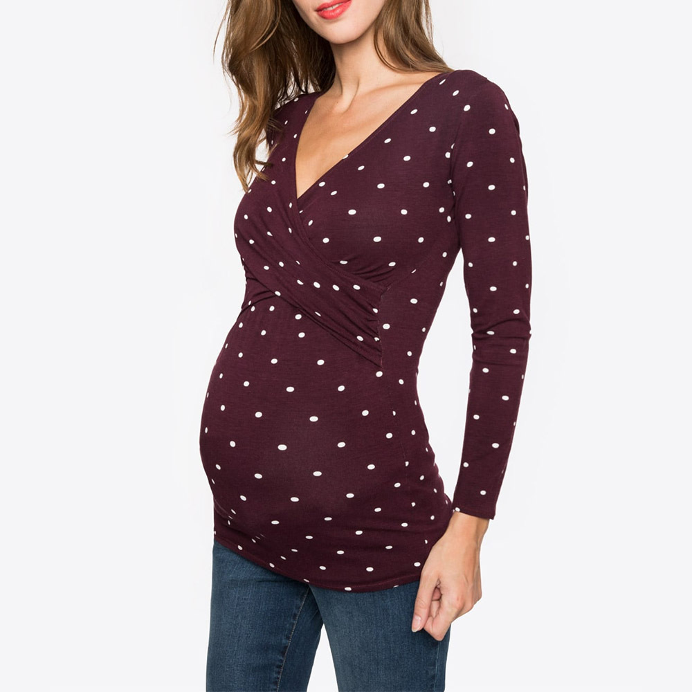 Deep V Neck Long Sleeve Printed/Solid Color Breastfeeding Maternity Wear NSHYF116739