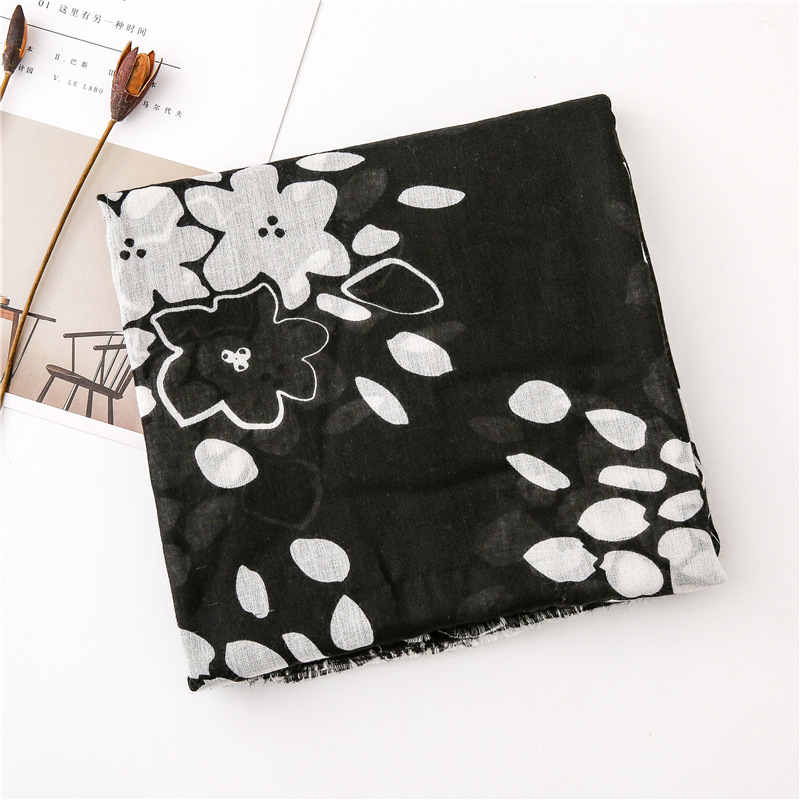 200g Weight Flower Pattern Women'S Gender Sweet Style Black And White Printed Cotton And Linen Scarf Sunscreen Scarf Silk Scarf Long Shawl 2