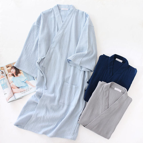 Cotton crepe kimono robe couple spring and summer thin cotton Japanese style lace-up robe loose breathable sweat steamer suit