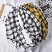衬衫男韩版潮流秋季新款学生帅气小清新港风宽松格子长袖衬衣