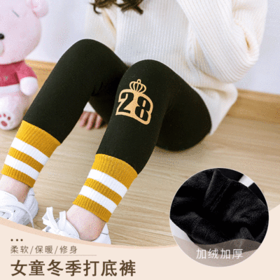 秋冬新款兒童可愛女童寶寶條紋褲子加絨加厚壹體褲保暖打底褲批發