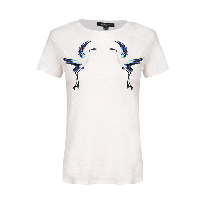 Fashion Bird Letter Embroidery Short Sleeve T-shirt 