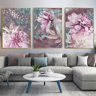 货源北欧风格客厅房间沙发背景装饰高清挂画无框画芯现代粉红鲜花植物批发