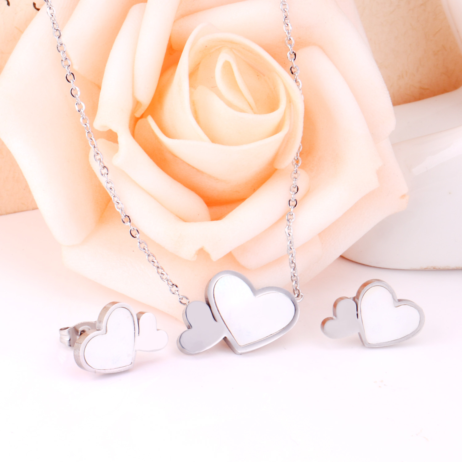 2 Pieces Fashion Heart Shape Stainless Steel Shell Plating Womenu0027S Jewelry Set