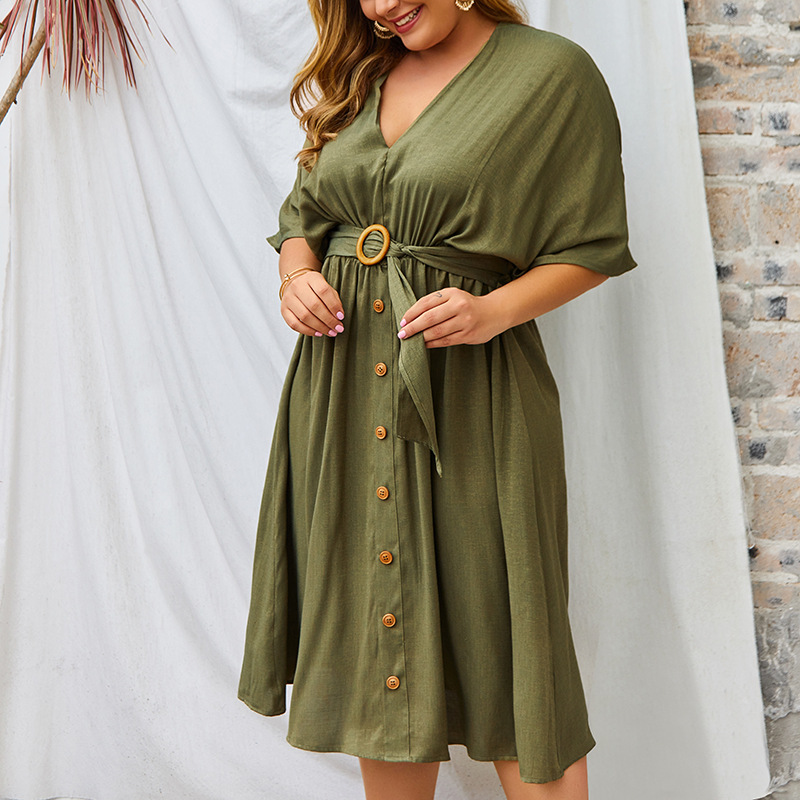 spring and summer V-neck new solid color sleeve dress NSDY34865