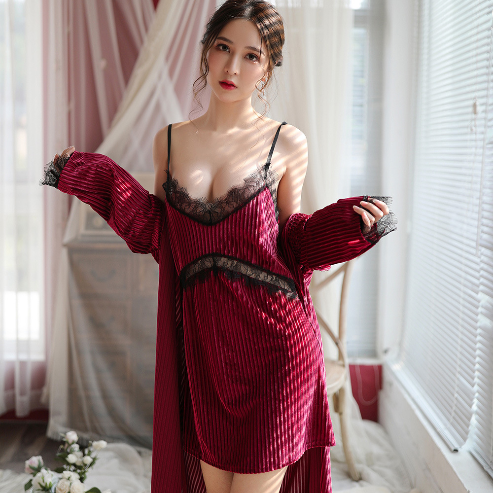 Mei Lai Mei Go Autumn and Winter Golden Velvet Pajamas Set Sexy Lace Drawstring Women's Nightgown Nightgown