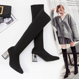 Foreign trade plus size autumn and winter New slimming over-the-knee boots women's high boots elastic boots wool boots knitted boots