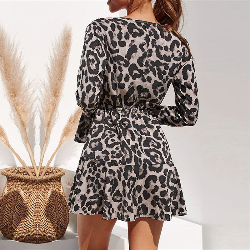 sexy V-neck leopard print long-sleeved chiffon dress NSGE37754