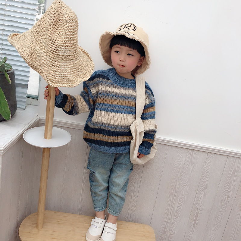 2019秋季新款韩版儿童圆领上衣男女童条纹针织长袖马海毛薄毛衣|ms