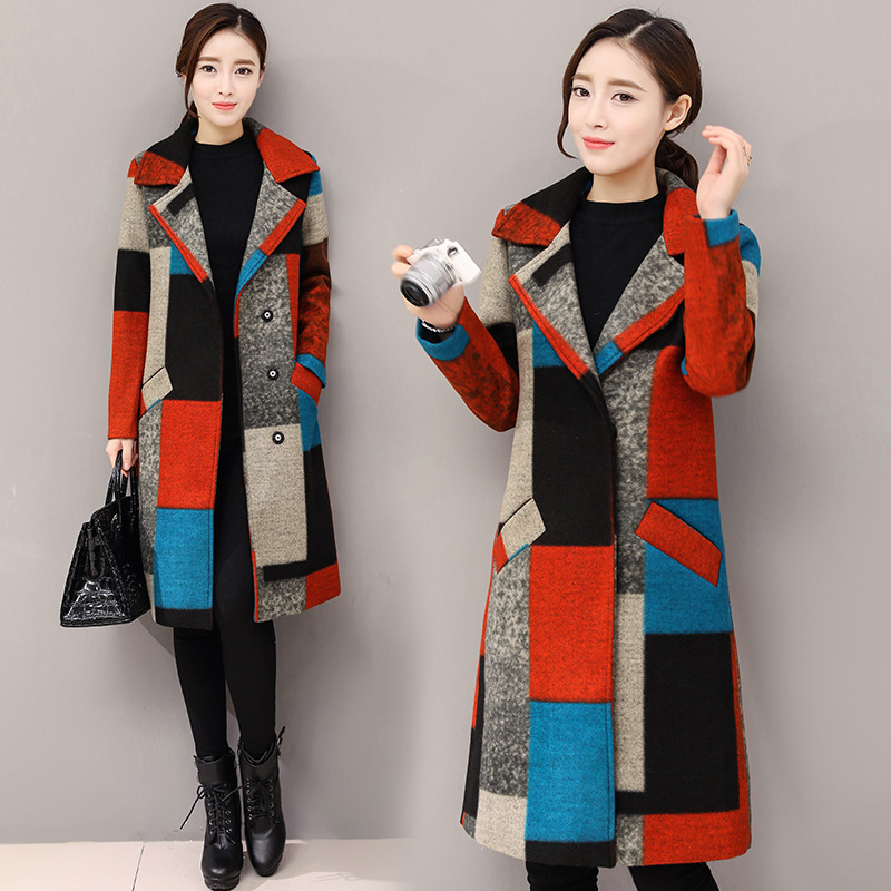 2019冬装新款女装韩版彩色格子长袖大码毛呢大衣中长款毛呢外套