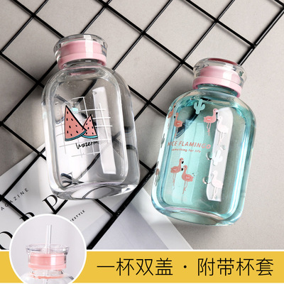 新款网红小猪玻璃杯便携可爱水杯玻璃杯防烫双盖吸管双盖玻璃杯