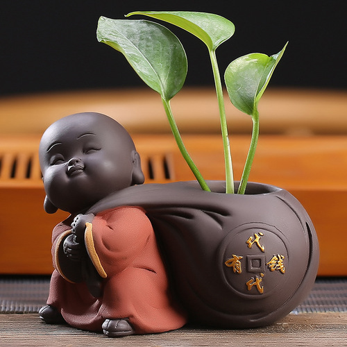 Creative and cute little monk flower utensils, tea pet ornaments, high-quality purple sand tea table tea accessories, small hydroponic vases