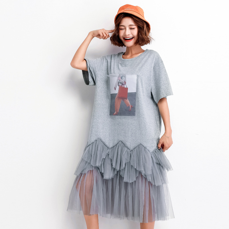 2020休閑大碼女裝人物圖案韓版短袖胖mm拼接網紗夏季新款連衣裙