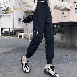 束脚工装裤女裤春秋2021新款韩版宽松bf黑色显瘦直筒休闲运动裤子