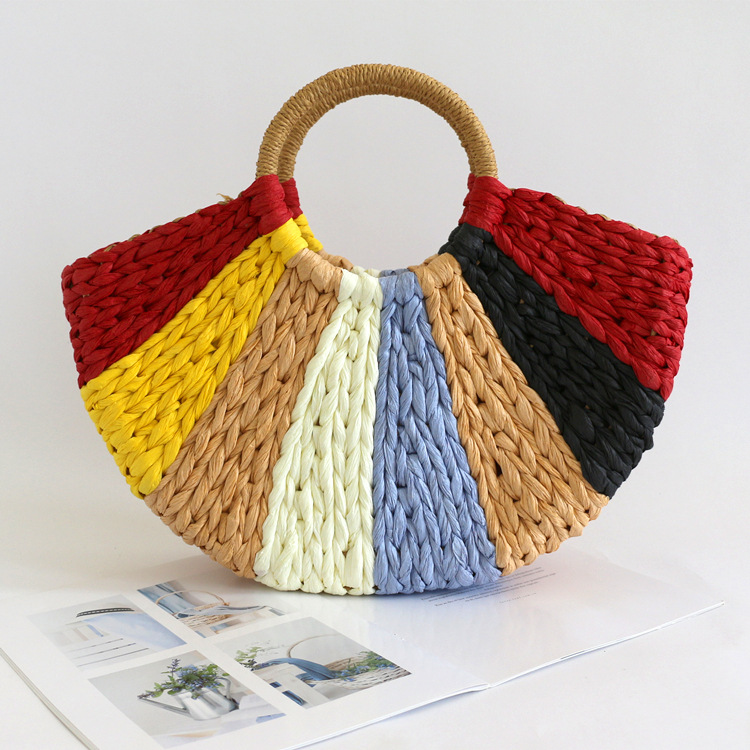 Femmes Moyen Paille Bloc De Couleur Mode Demi-cercle Sac À Main display picture 1