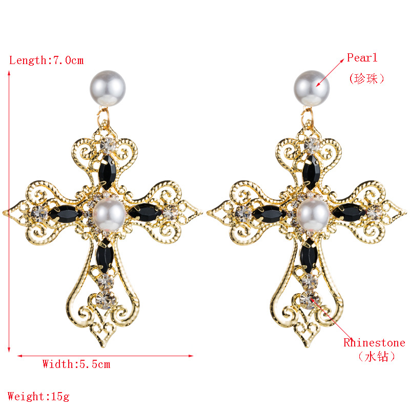 Exclusif Pour Croix-frontière Boucles D'oreilles Femmes De Mode Européenne Et Américaine Rétro Baroque Diamant Croix Boucles D'oreilles Longues Avec Perle Boucles D'oreilles display picture 1