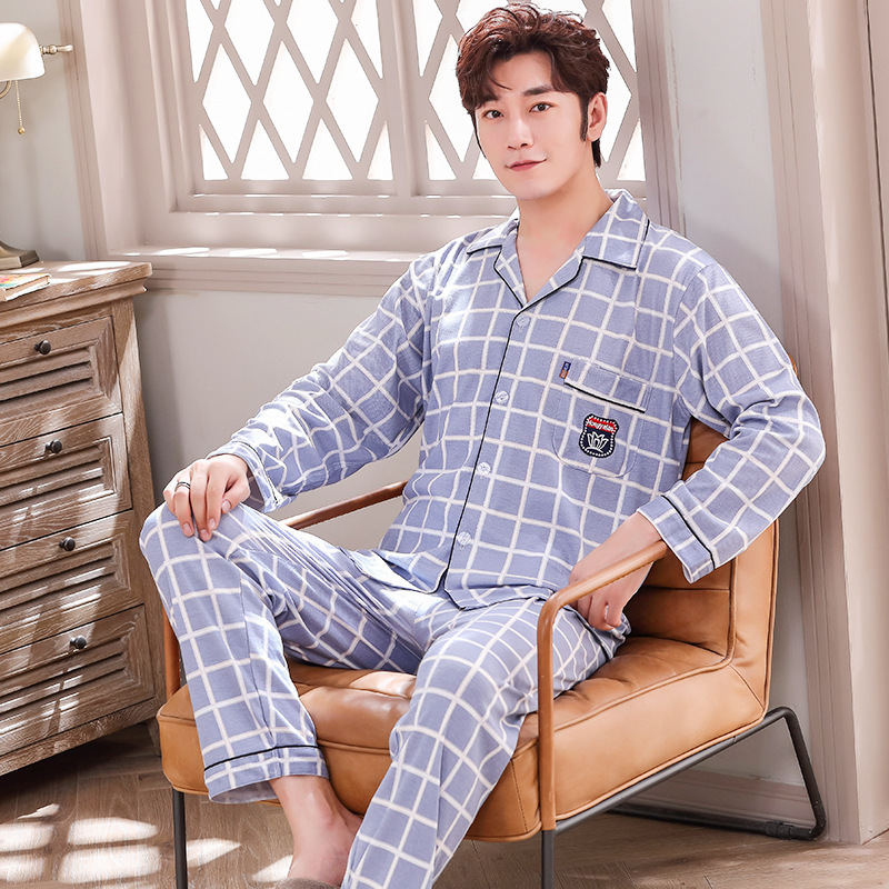 A variety of spring, autumn and winter knitted cotton men's pajamas Korean-style double-sided printed cardigan lapel long sleeve home suit