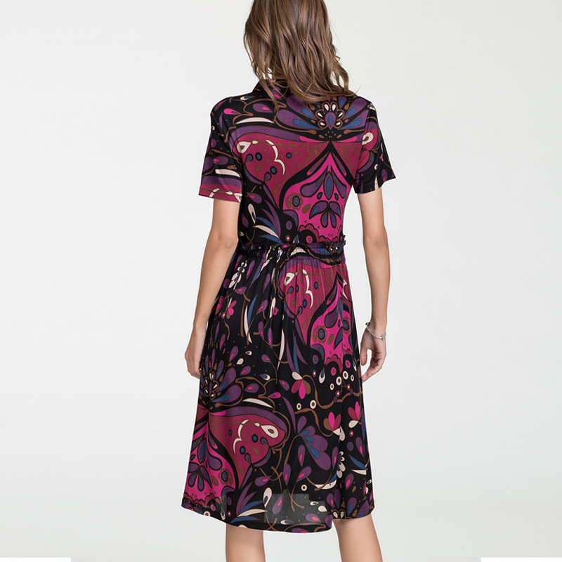 Plus Size Silk Dress High Waist V Neck Short Sleeve Floral Print Summer Elegance Wholesale Available