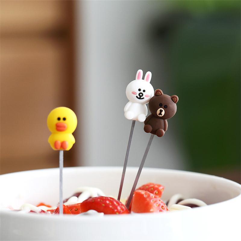 外贸创意卡通不锈钢水果叉 可爱小黄鸭硅胶水果叉套装水果签6支装