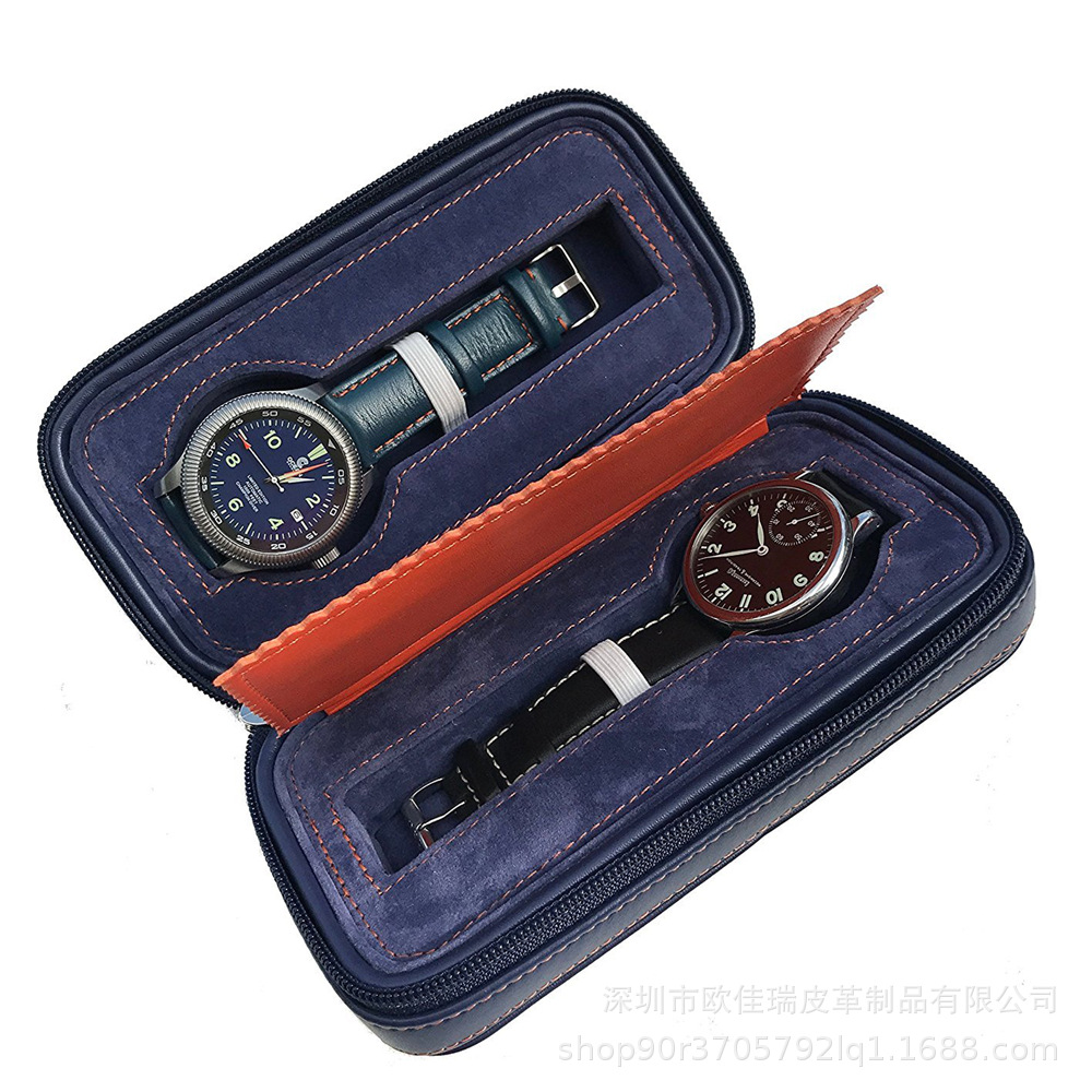 厂家定制蓝色皮革手表储物盒   便携式多功能手表盒  首饰收纳盒
