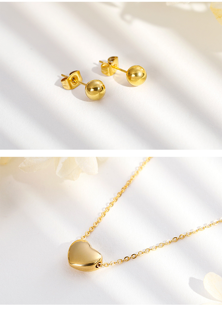 simple solid color stainless steel heart-shaped small round bead earrings two-piece set wholesale ni