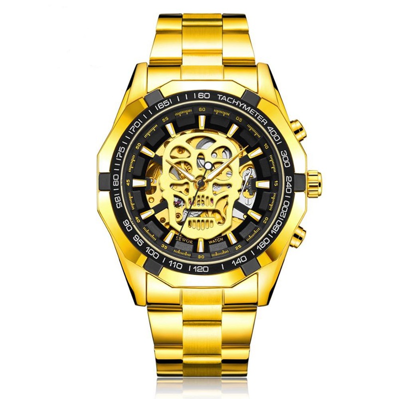 SEWOR correa de acero de la moda de los hombres reloj mecánico automático cráneo luminoso impermeable reloj hueco transparente inferior 740