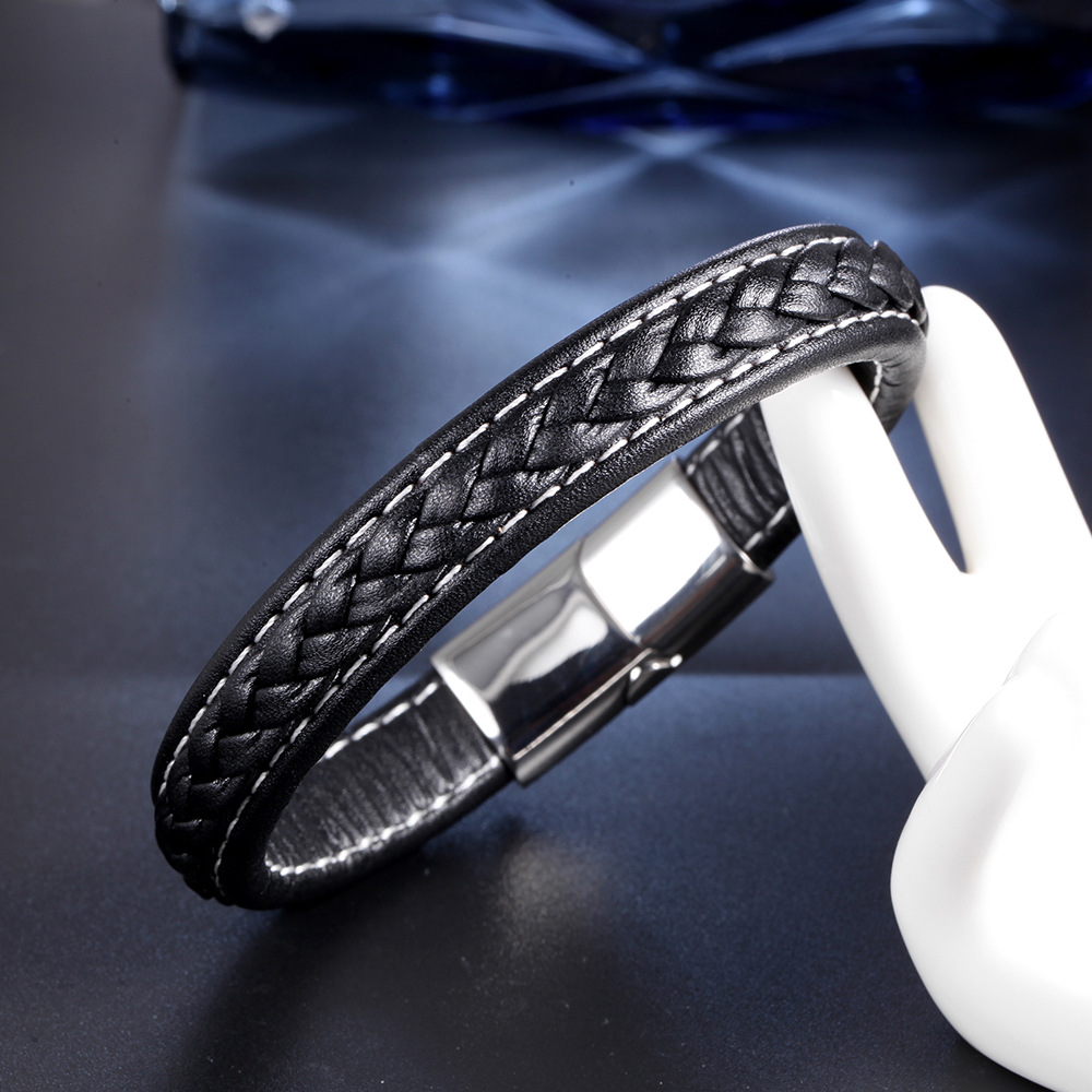 Bracelets Classification 304 Stainless Steel Chain Material 1 Piece Quantity Simple Style Geometric Titanium Steel Braid Artificial Leather Polishing Polishing Men'S Bracelets Men Cord & Leather Bracelets