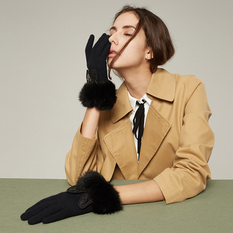 韩版秋冬季女士手套保暖羊毛兔毛球开车羊绒针织加绒包邮触屏手套