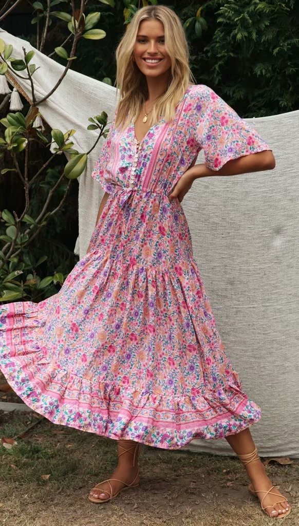 Pink Blomstret Lang Kjole 1