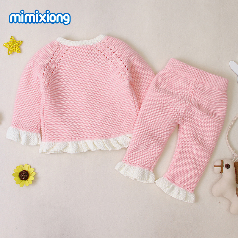 ins热卖款女童纯色花边套装针织花朵毛衣