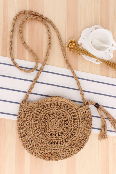 Cute Bow Crossbody Woven Hand-crocheted Round Straw Woven Bag 23*26cm display picture 4