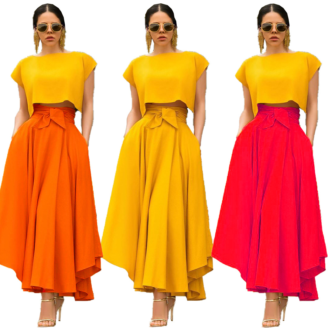 European and American women's pure color flowing casual skirt ...