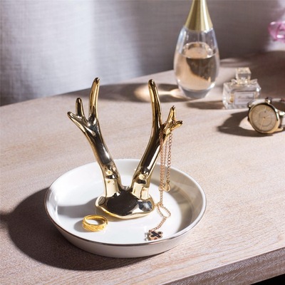 金色鹿角獸陶瓷首飾碟 首飾盤   戒指托 裝飾盤  北歐風格 熱銷