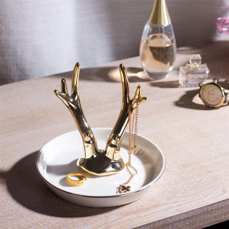 金色鹿角獸陶瓷首飾碟 首飾盤   戒指托 裝飾盤  北歐風格 熱銷