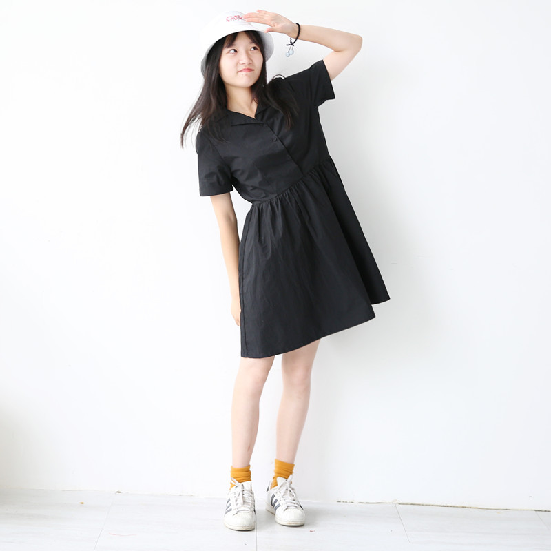 Q5036日系西装领少女棉布短袖连衣裙宽松休闲百褶娃娃裙女2021夏