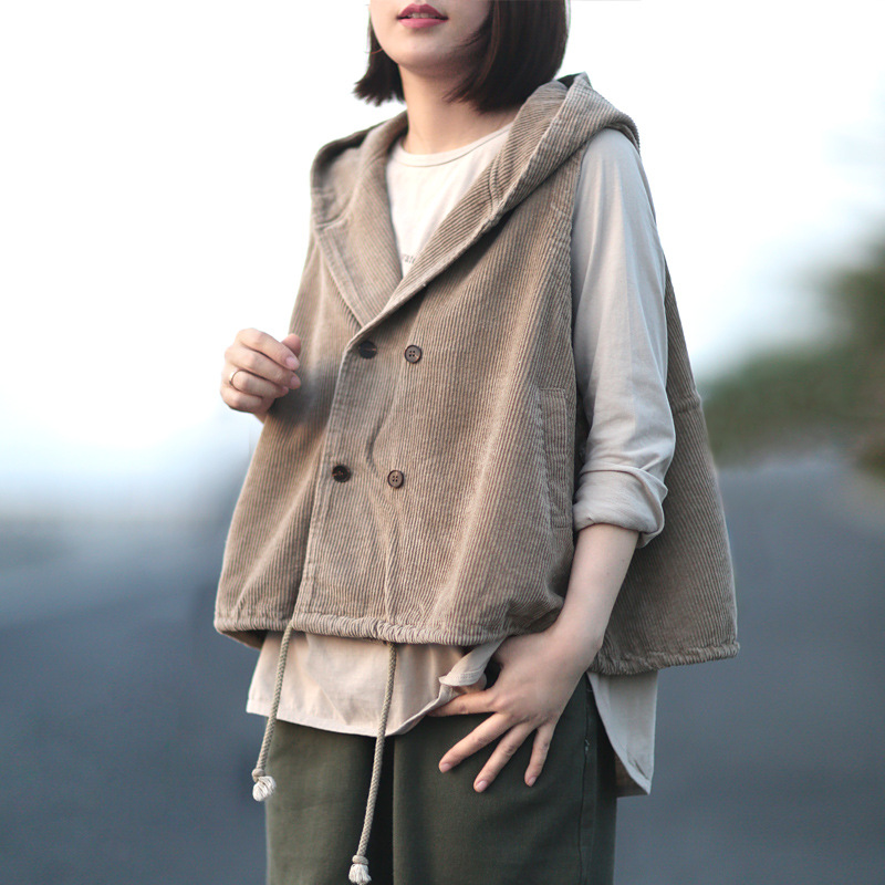 literature Retro Easy Casual Solid Double-breasted corduroy Hooded Vest coat 2021 spring