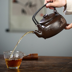 Yixing raw ore purple clay handmade purple sand pot Changle lifting beam hand-painted landscape tea portable large-capacity pot tea set