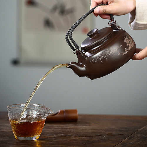 Yixing raw ore purple clay handmade purple sand pot Changle lifting beam hand-painted landscape tea portable large-capacity pot tea set