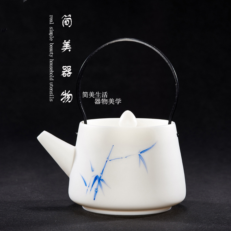 简美 白瓷手绘茶壶提梁壶煮花茶壶陶瓷泡茶壶单壶功夫茶具套装