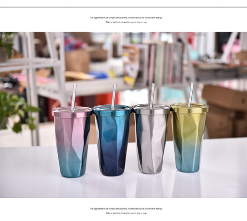 New gradient color cup, diamond-shaped thermos cup, stainless steel double-layer water cup with straw, advertising gift water cup