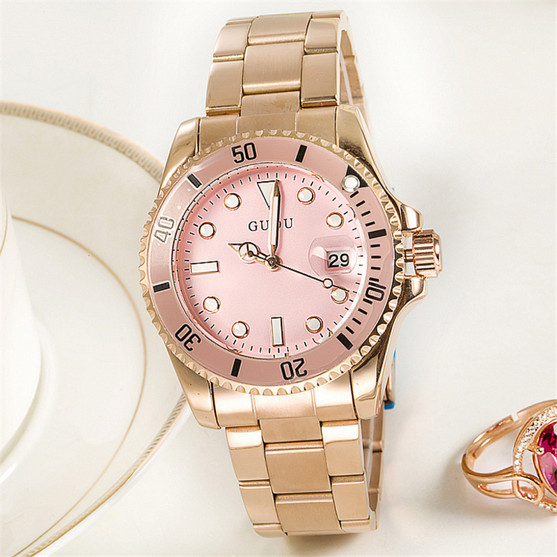 Guou guou nuevo reloj de mujer casual al por mayor correa de acero de cuarzo impermeable calendario tendencia reloj 8077