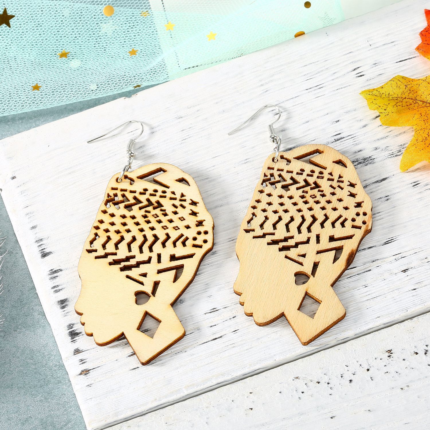 Carved Hollow Head Wood Large Earrings Wholesales Fashion display picture 7