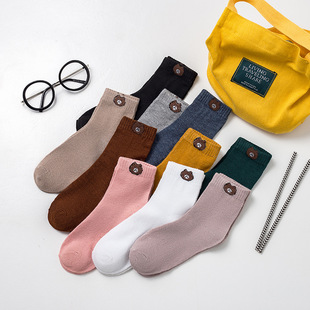 Socks autumn and winter solid color cotton socks socks Japanese cute cartoon bear socks boat Socks women Wholesale
