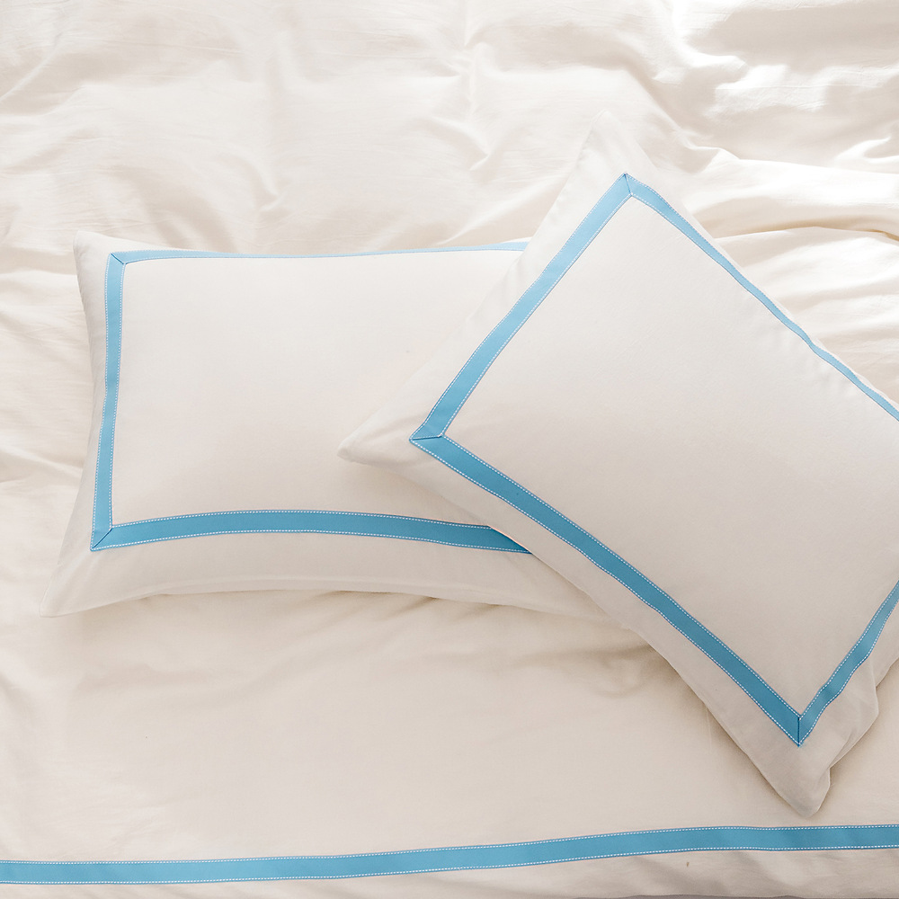 跨境家纺三件套外贸亚马逊纯色水洗纯棉缎带床上用品被套套件