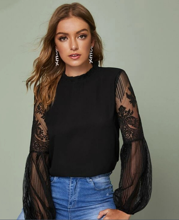 2020 European and American Amazon New Pleated Collar Perspective Tulle Lace Lantern Sleeve Elegant Women's Top